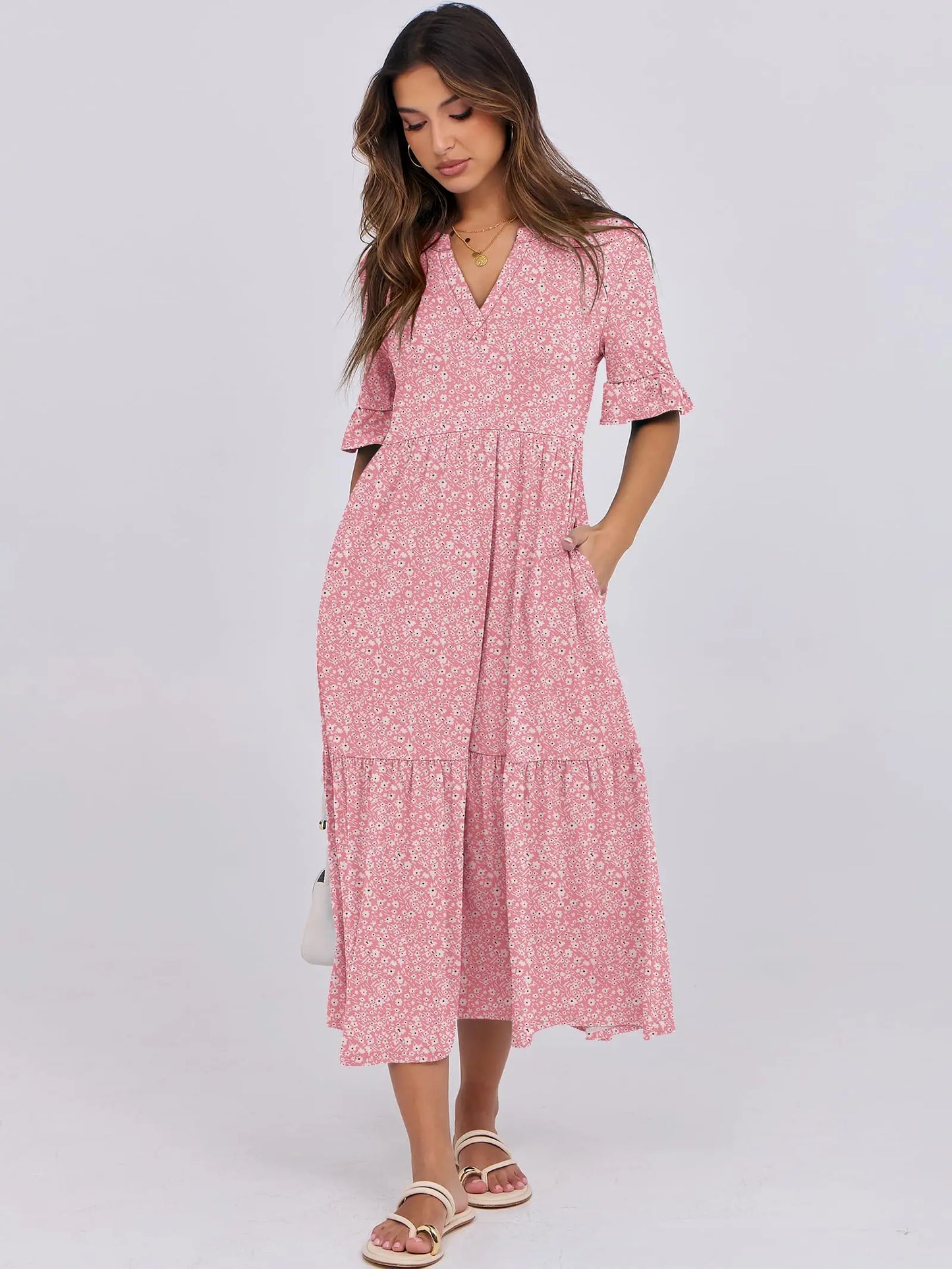 Womens Ruffle Short Sleeve Maxi Dress V Neck Tiered Pockets
