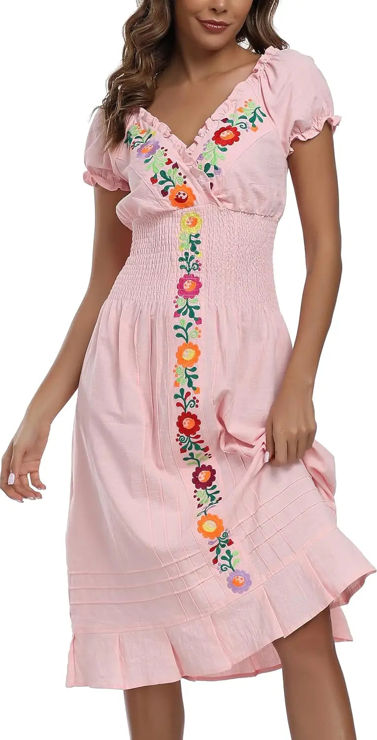 Cotton Women Mexican Embroidered Casual Summer Dress With V Neck