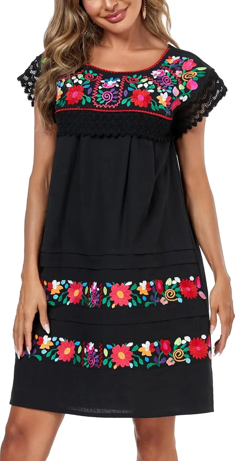 Cotton Knee Length Embroidered Peasant Lace Dress With Short Sleeves