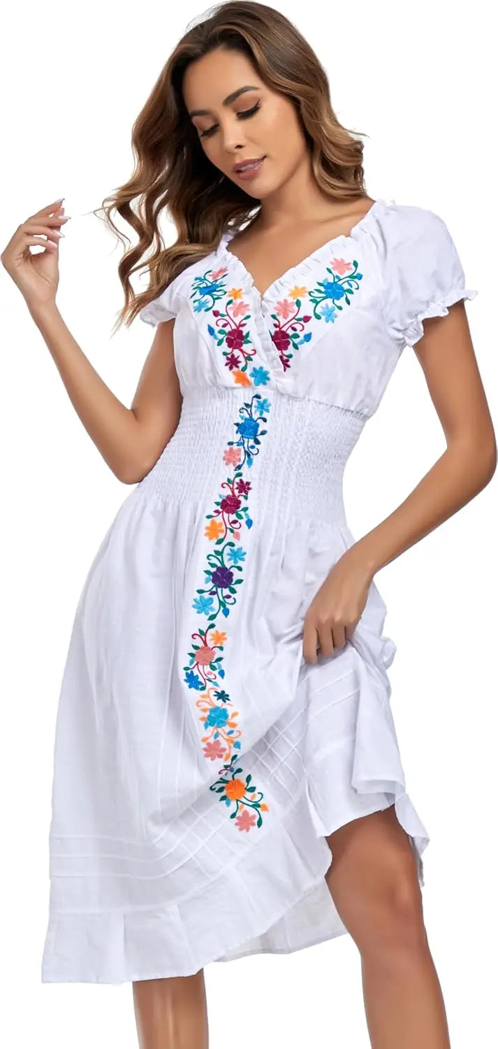Cotton Women Mexican Embroidered Casual Summer Dress With V Neck