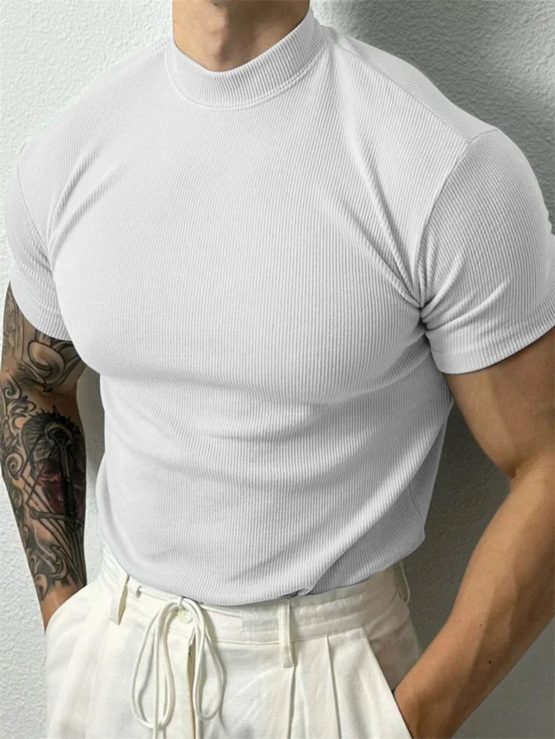 Mens Stripe Knit T Shirt With High Collar Fitness Top