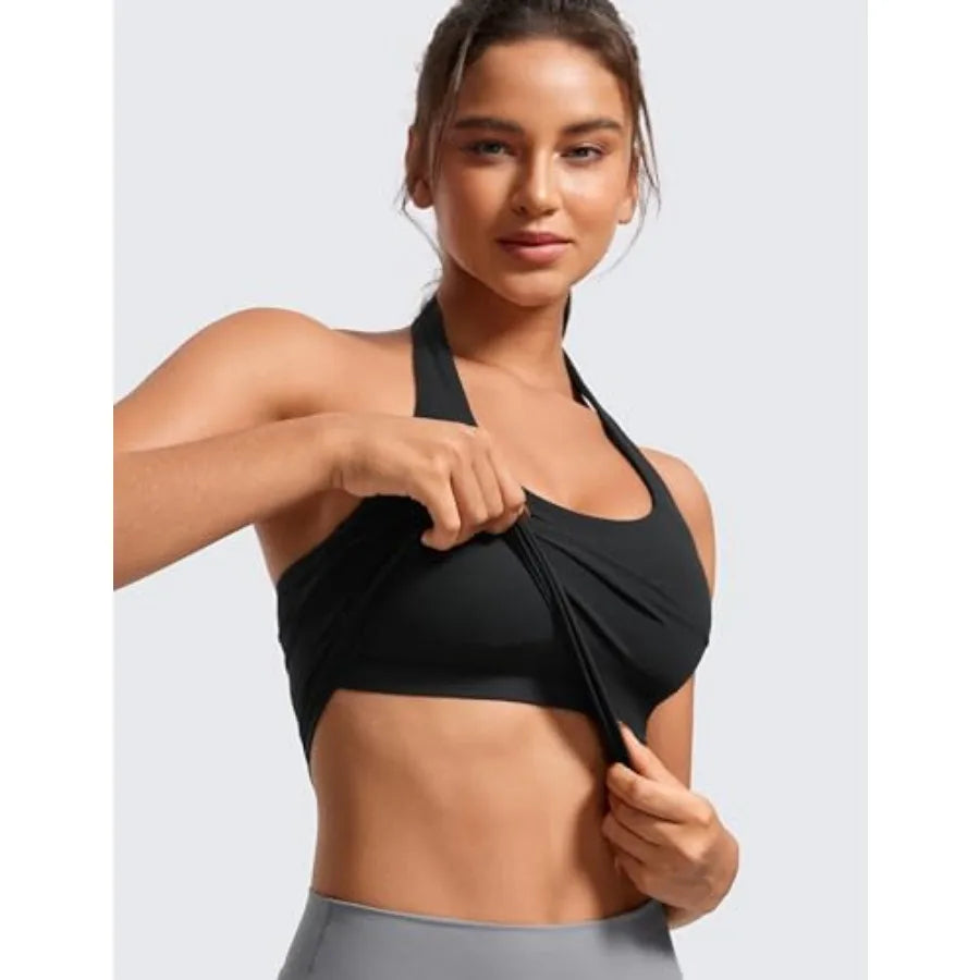 CRZ YOGA Butterluxe Halter Crop Tank Top Open Back Bra