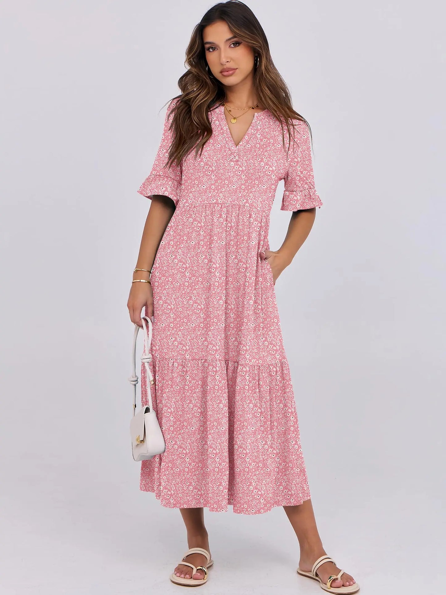 Womens Ruffle Short Sleeve Maxi Dress V Neck Tiered Pockets