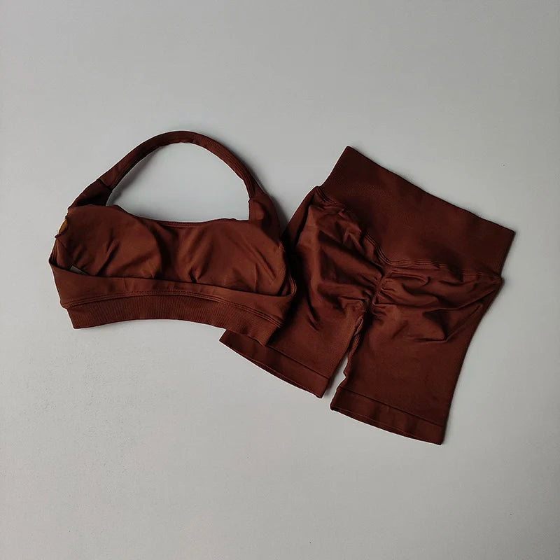 Halter Neck Sports Bra And Shorts Set High Waist Yoga