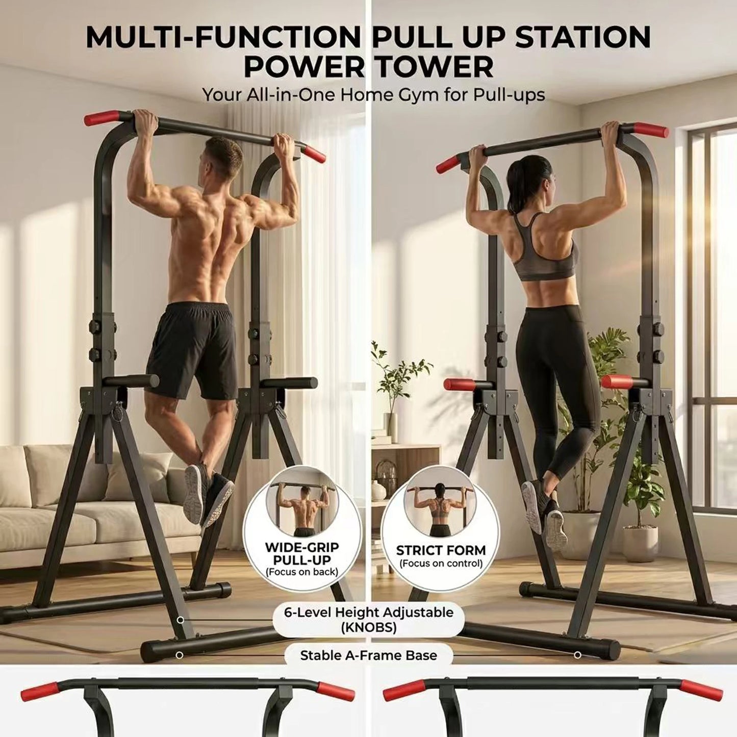 Foldable Power Tower With 440 Lbs Max Capacity Home Gym
