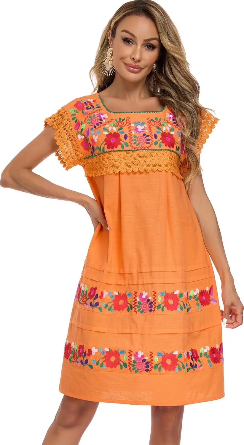 Cotton Knee Length Embroidered Peasant Lace Dress With Short Sleeves