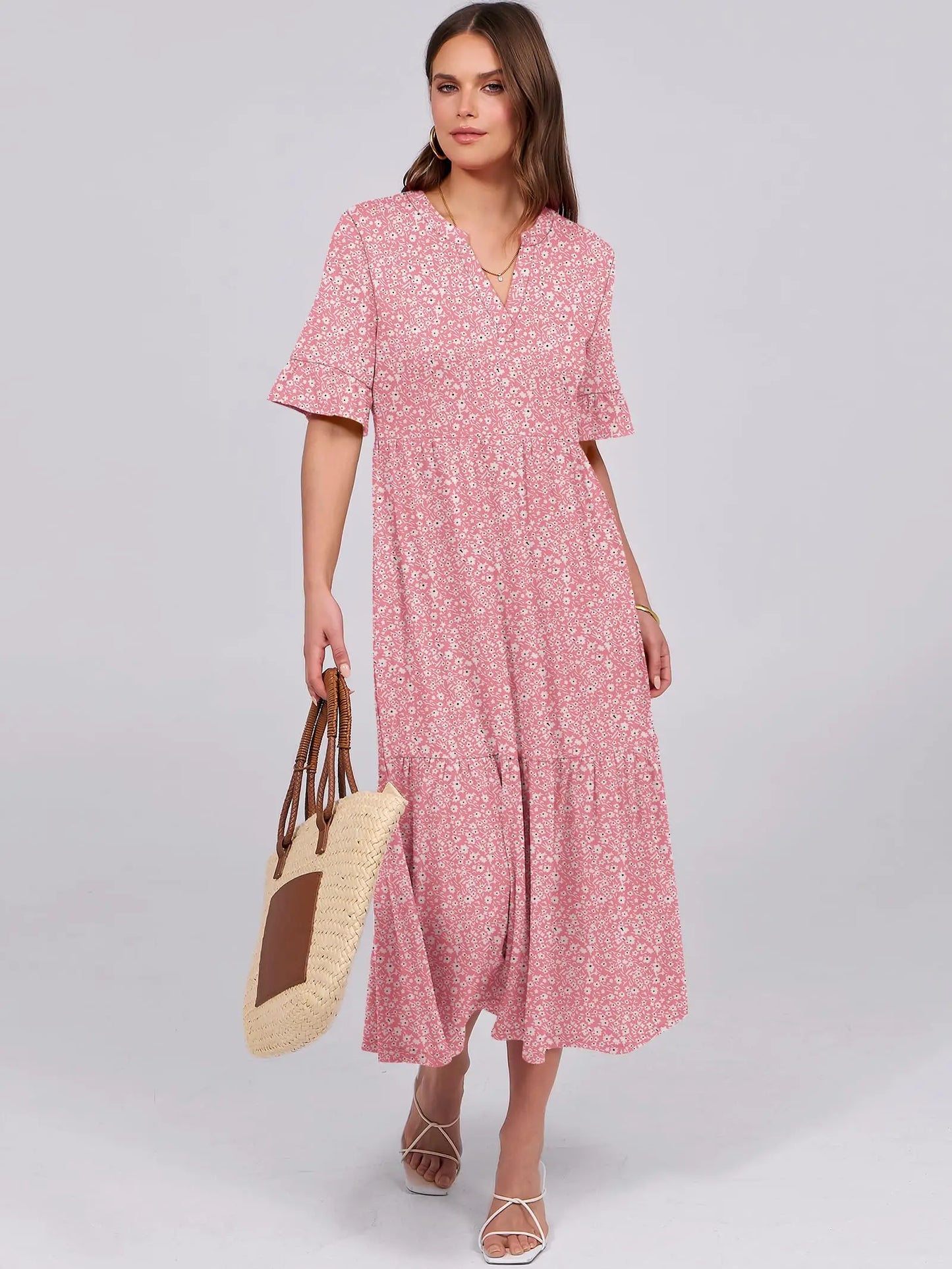 Womens Ruffle Short Sleeve Maxi Dress V Neck Tiered Pockets