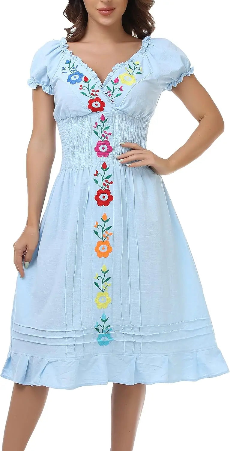 Cotton Women Mexican Embroidered Casual Summer Dress With V Neck