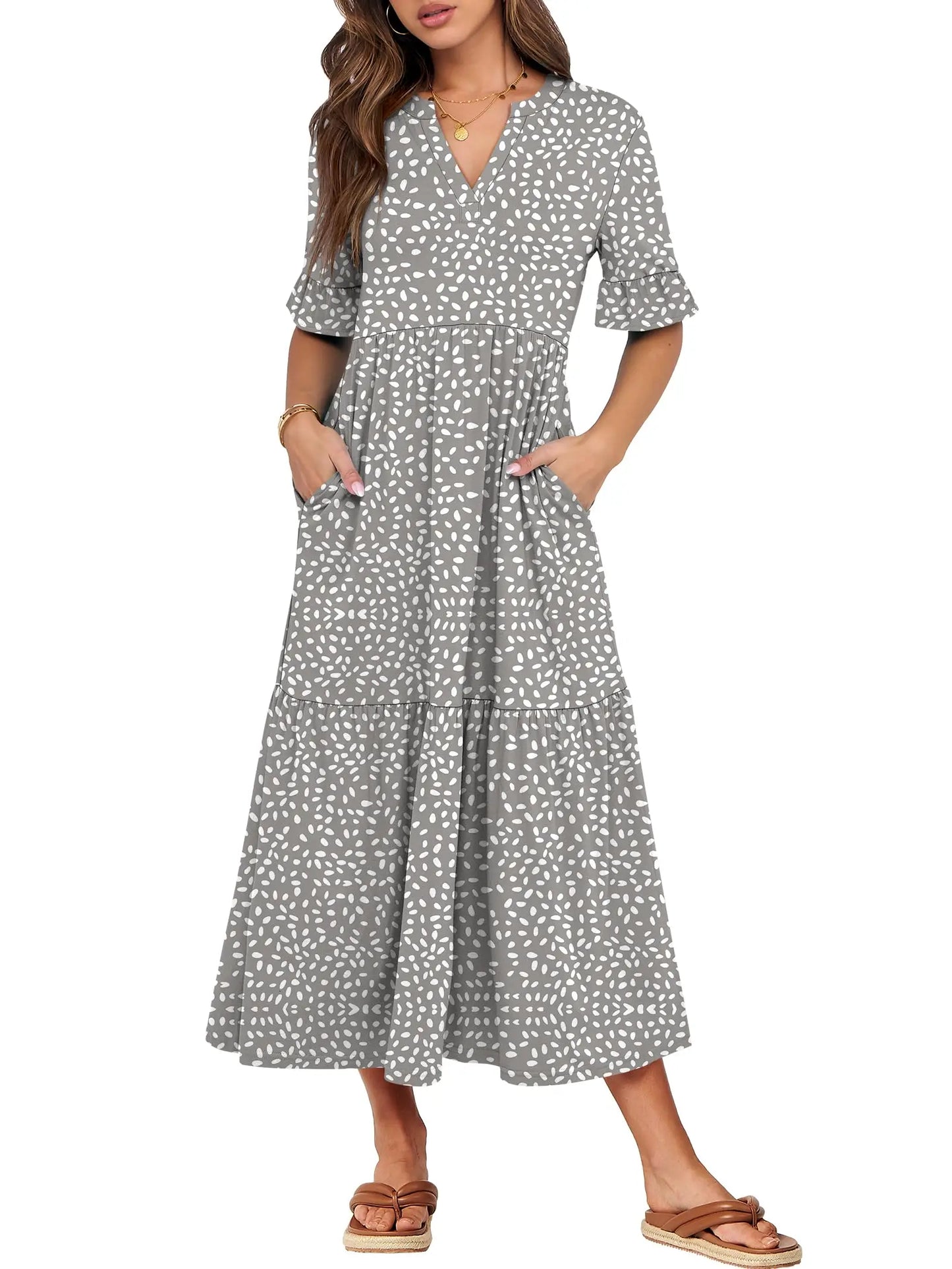 Womens Ruffle Short Sleeve Maxi Dress V Neck Tiered Pockets