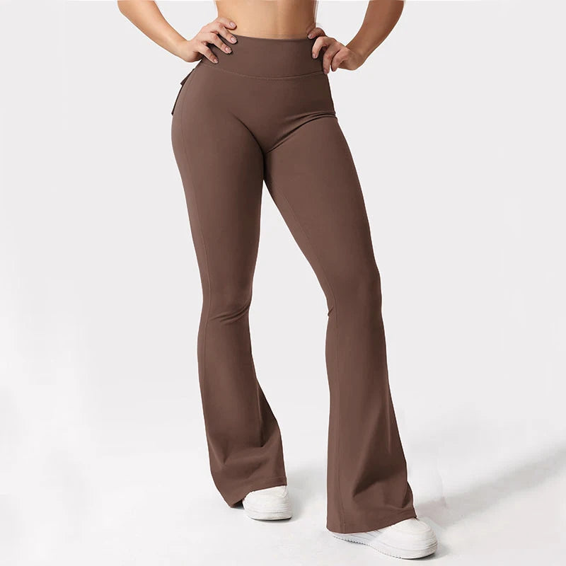 Women Yoga Flare Trousers High Waisted Wide Leg With Pockets