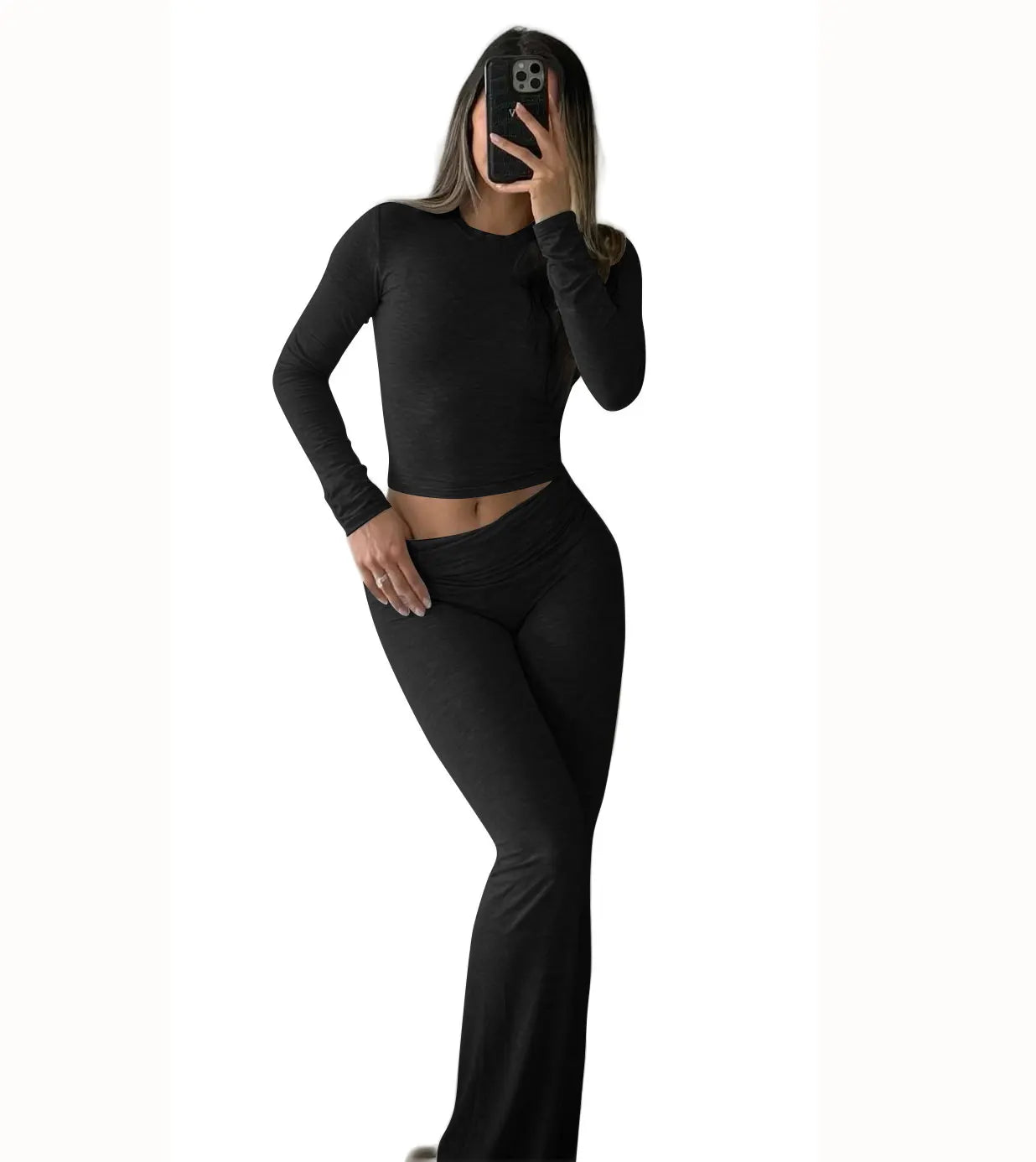 Womens Yoga Two Piece Set Long Sleeve Wide Leg Pants