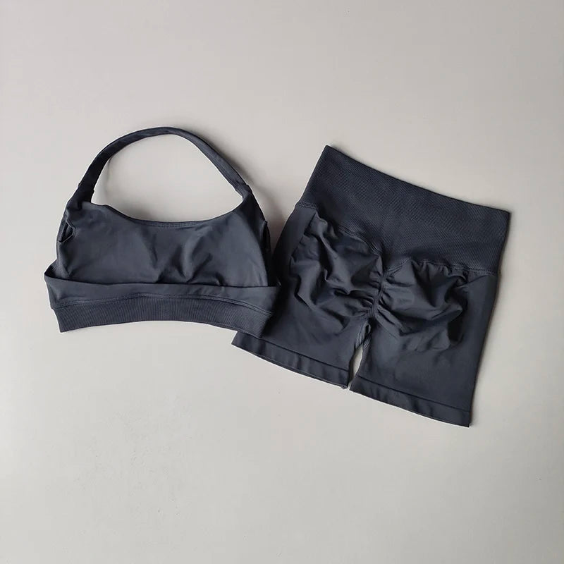 Halter Neck Sports Bra And Shorts Set High Waist Yoga