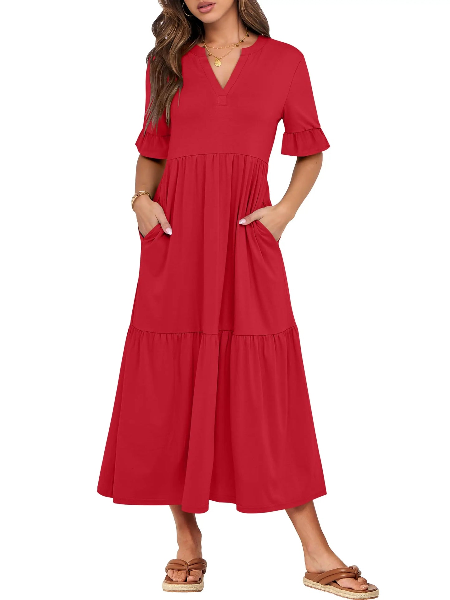 Womens Ruffle Short Sleeve Maxi Dress V Neck Tiered Pockets