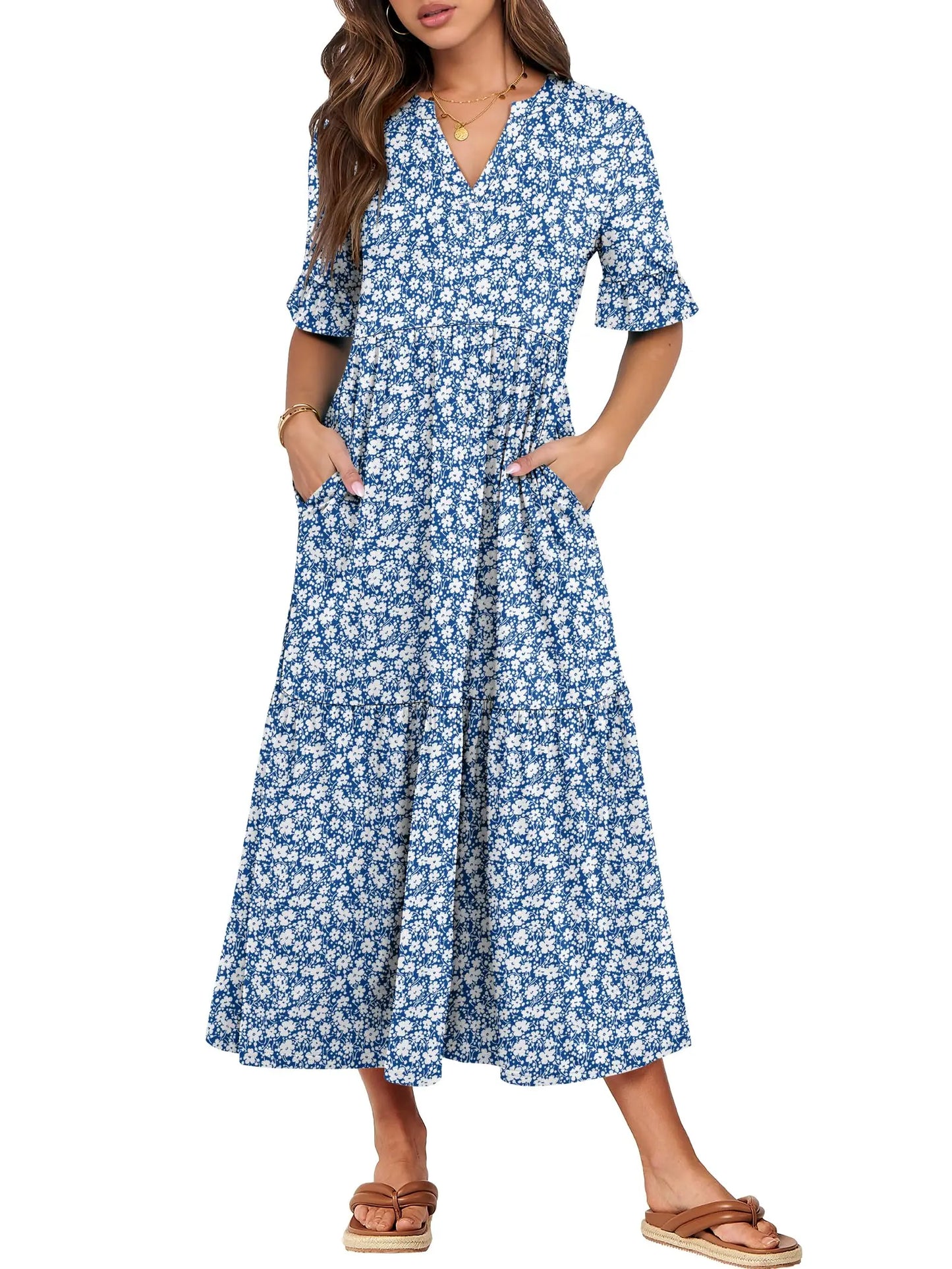 Womens Ruffle Short Sleeve Maxi Dress V Neck Tiered Pockets