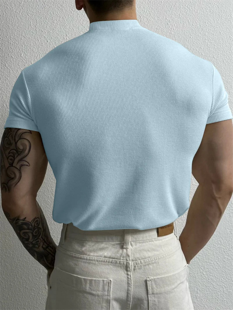 Mens Stripe Knit T Shirt With High Collar Fitness Top