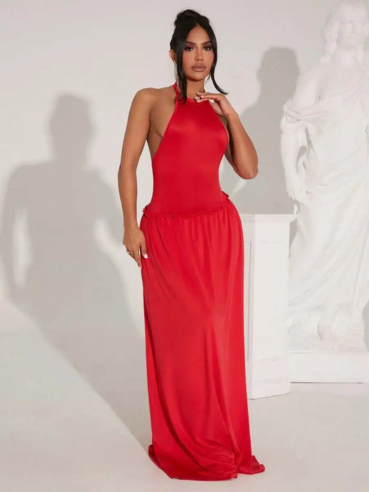 Evening Halter Neck Backless Floor Length Dress For Women