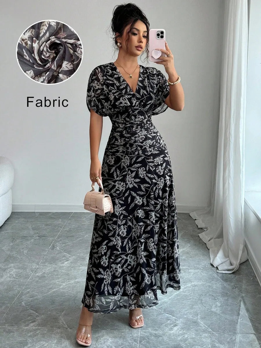 Floral Print V Neck Ruched Waist Maxi Dress For Women