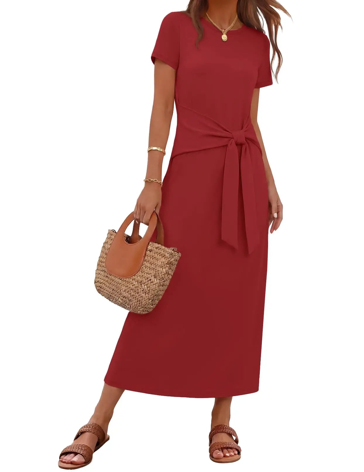 Womens Summer Maxi Dress Tie Waist Short Sleeve Beach Vacation