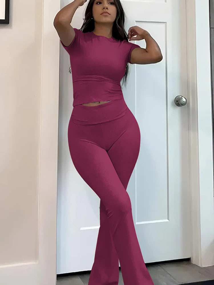 Women's Yoga Set Two-Piece Short Sleeve Top And Flared Pants