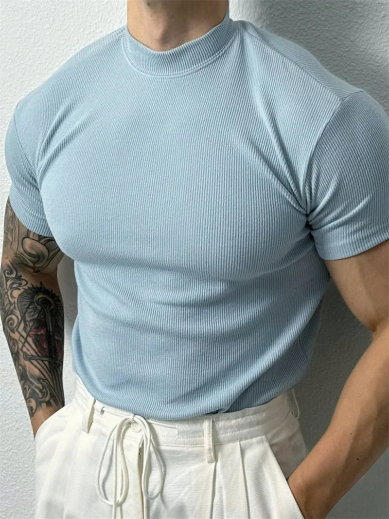 Mens Stripe Knit T Shirt With High Collar Fitness Top