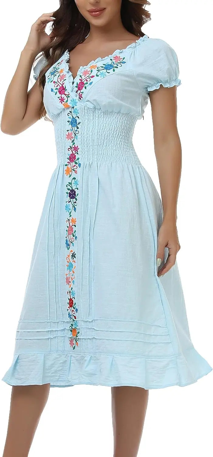 Cotton Women Mexican Embroidered Casual Summer Dress With V Neck