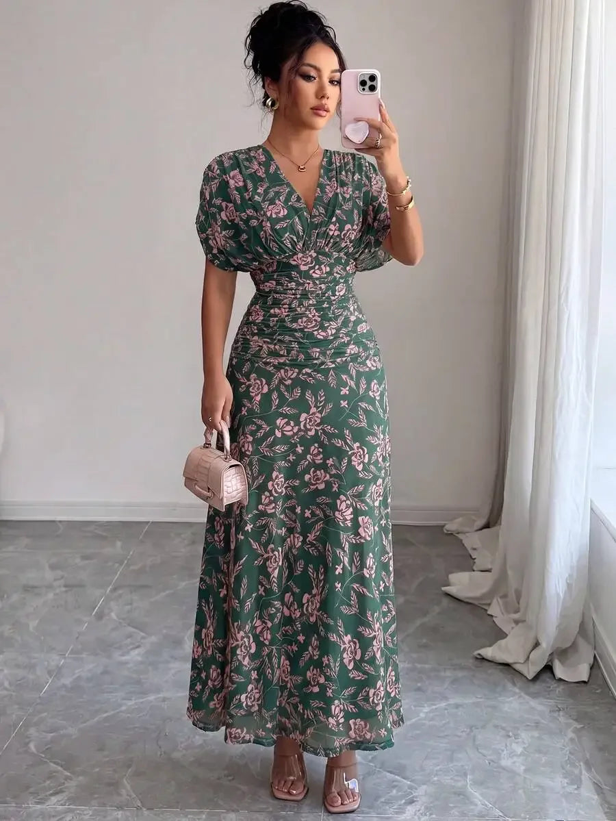 Floral Print V Neck Ruched Waist Maxi Dress For Women