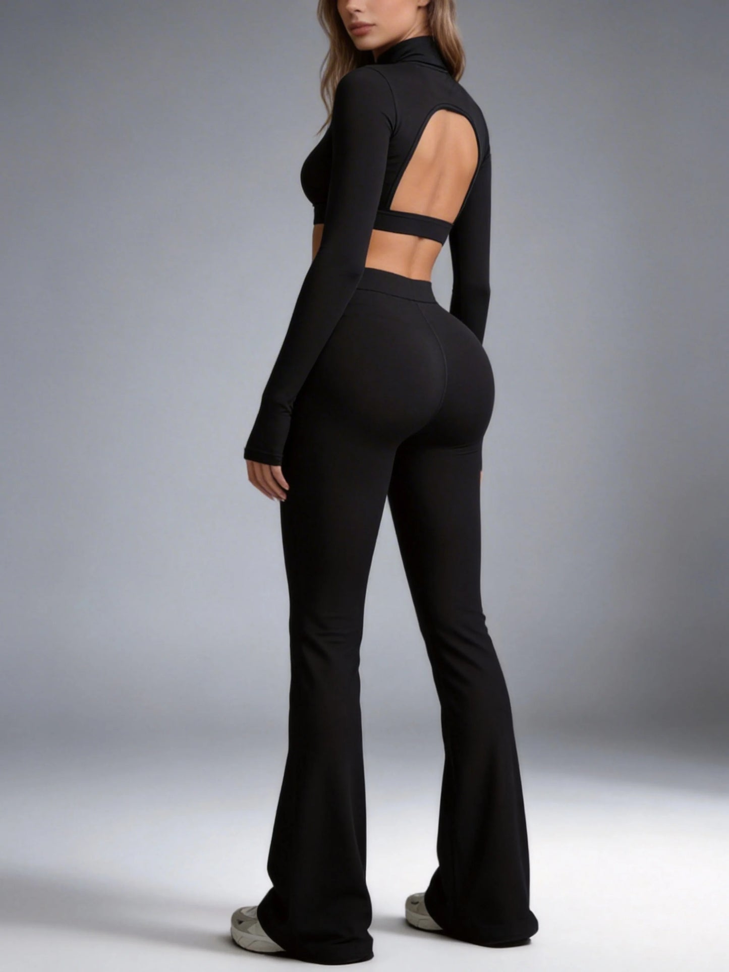Airila Women's High-Neck Yoga Set Back-Cutout Flared Pants Removable Pads