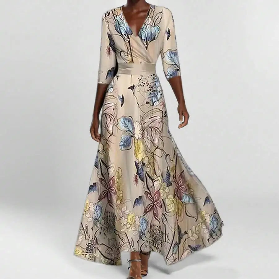 Elegant V-Neck Floral Print Waist-Cinching Floor-Length Dress