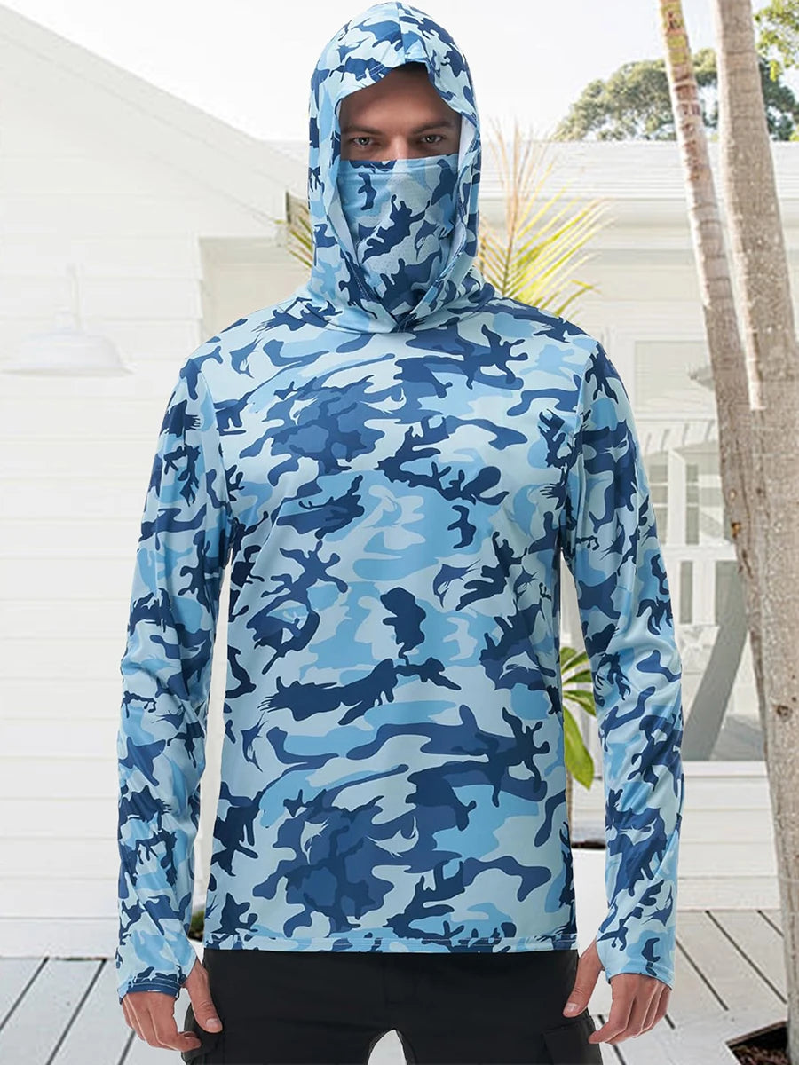 Men's Camo Print Hoodie Shirt With Built In Face Mask