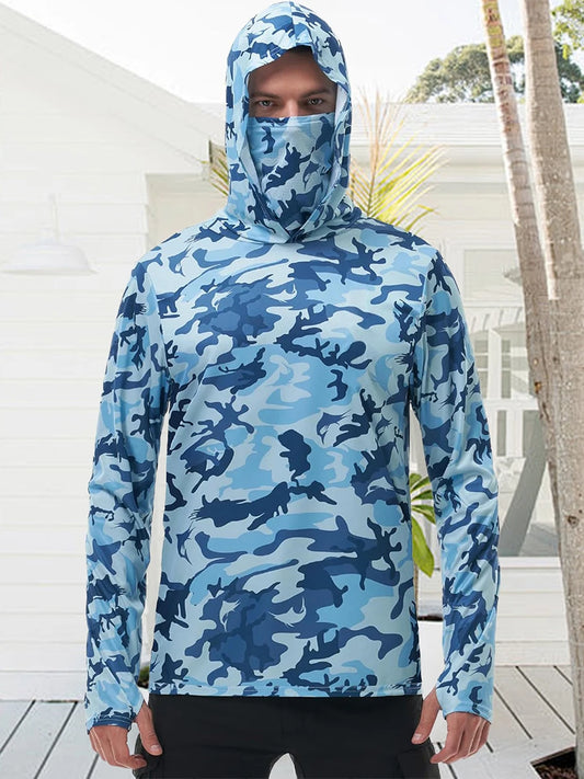 Men's Camo Print Hoodie Shirt With Built In Face Mask