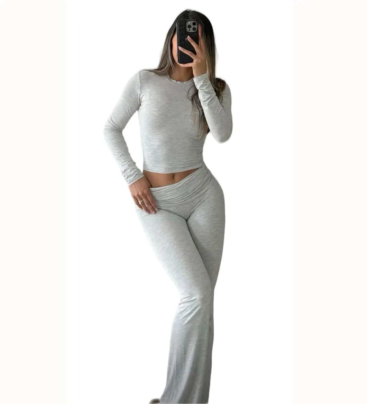 Womens Yoga Two Piece Set Long Sleeve Wide Leg Pants