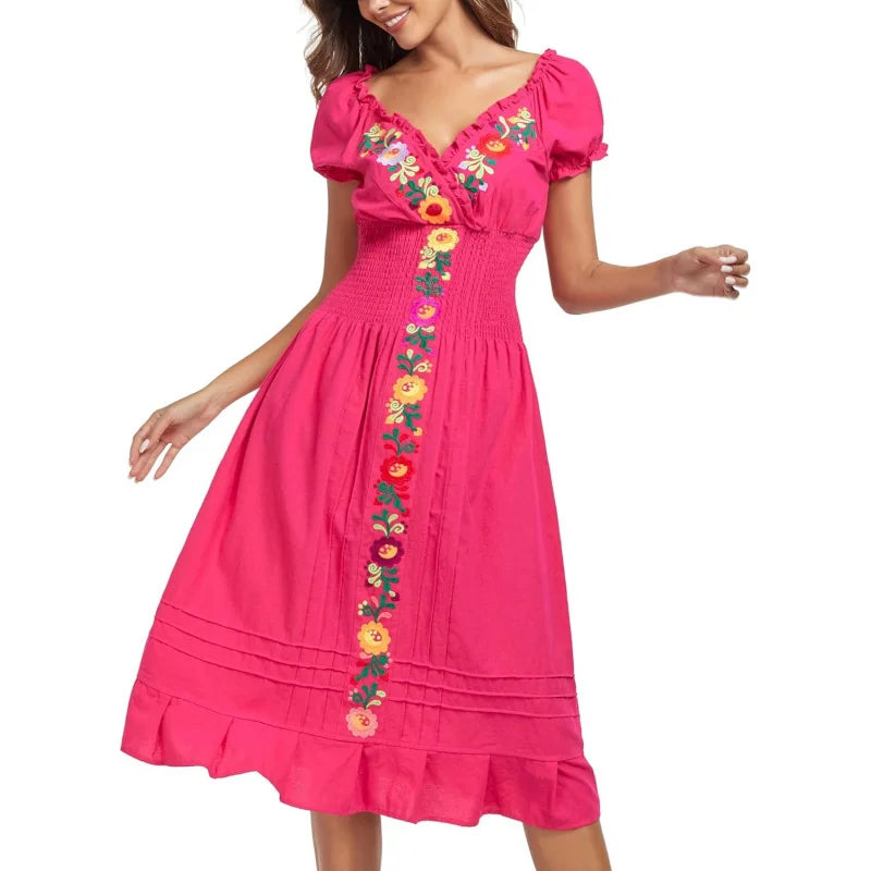 Cotton Women Mexican Embroidered Casual Summer Dress With V Neck
